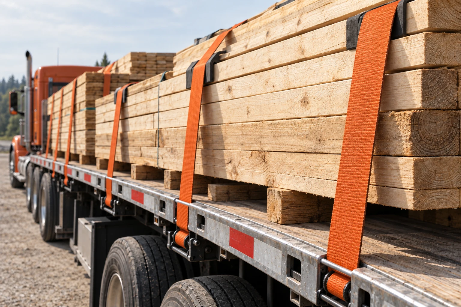 Bundled cargo secured on an open flatbed trailer