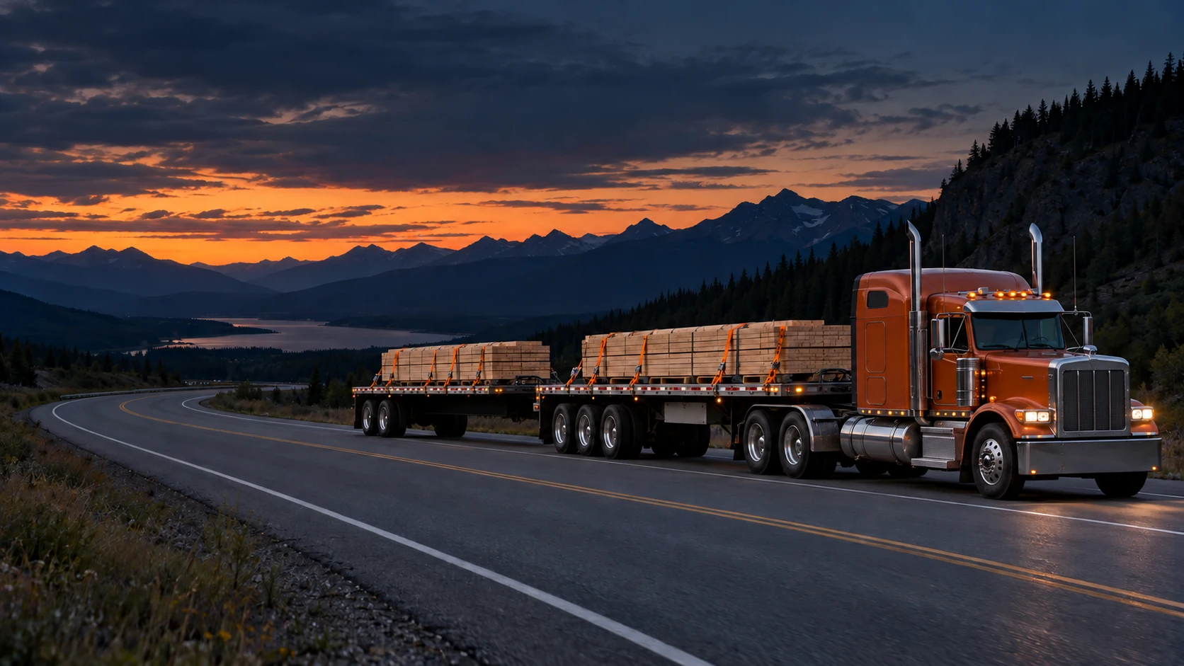 An orange truck pulling two open-deck Super B-train trailers along an open highway